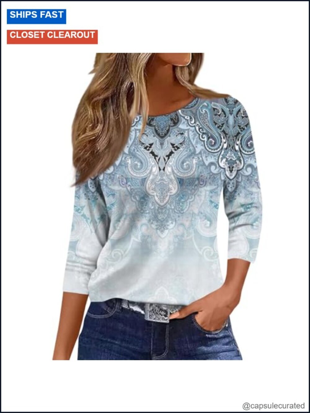 Women's 3/4 Sleeve Cotton Tunic Blouse Crewneck Loose Fit Floral Print
